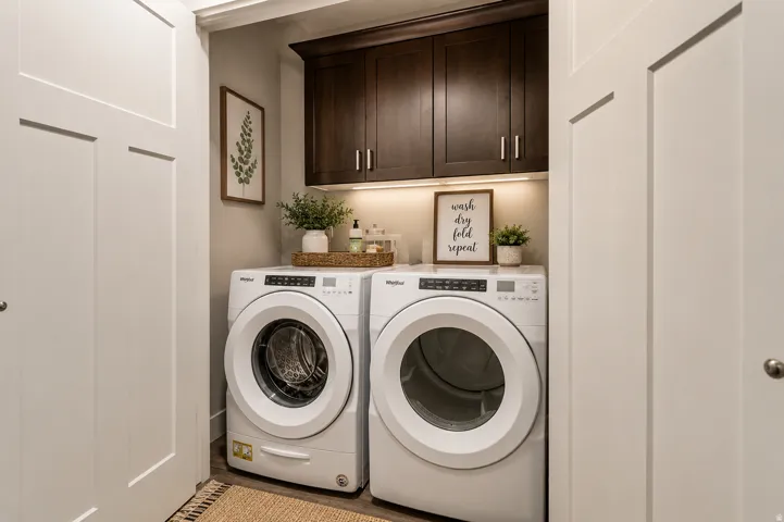 Dedicated laundry area featuring dark wood-finish cabinetry, under-cabinet lighting, and a countertop surface