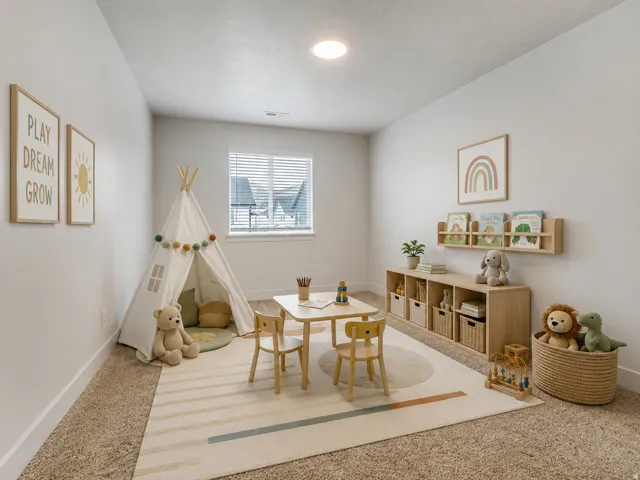 Recessed ceiling light, neutral wall color, window with blinds, light-toned carpet flooring, built-in shelving with storage cubbies