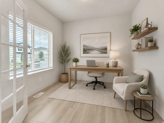 Bright room with wood-finish flooring, white walls, and a window with blinds