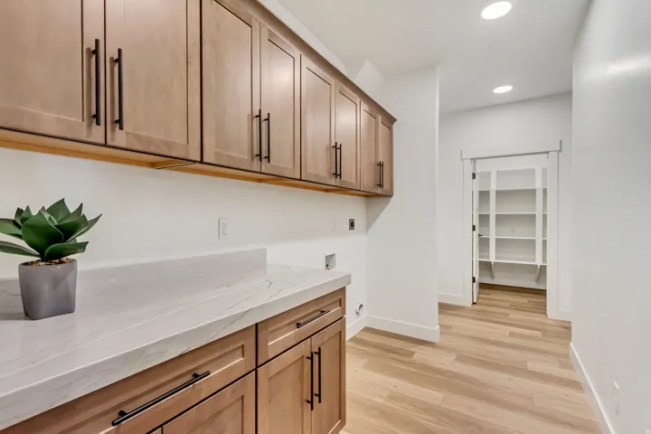 Wood-finish flooring, recessed ceiling lighting, light wood-tone cabinetry, white countertop, and a walk-in pantry with glass-paneled door