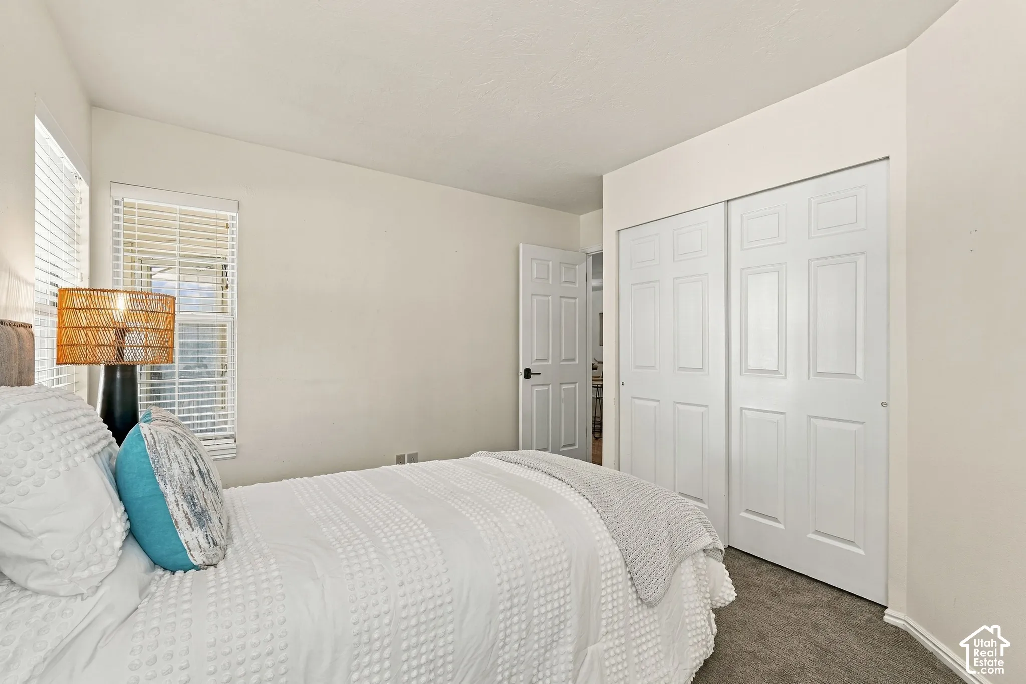 Recessed windows with blinds, neutral wall tones, and carpet flooring
