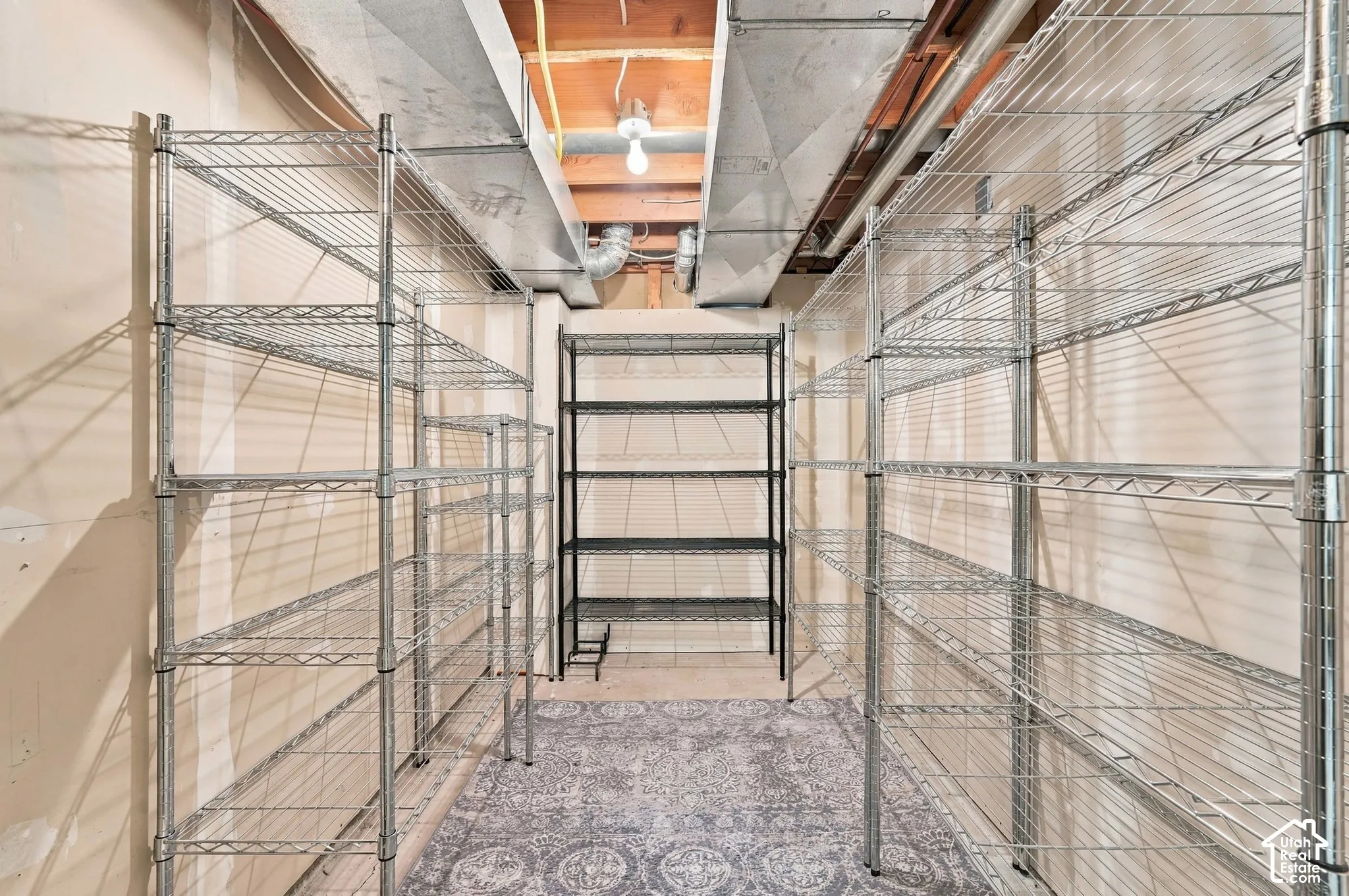 Basement storage area with multiple wire shelving units
