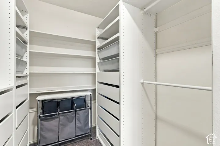 Custom closet system featuring extensive shelving, multiple drawers, and a hanging rod