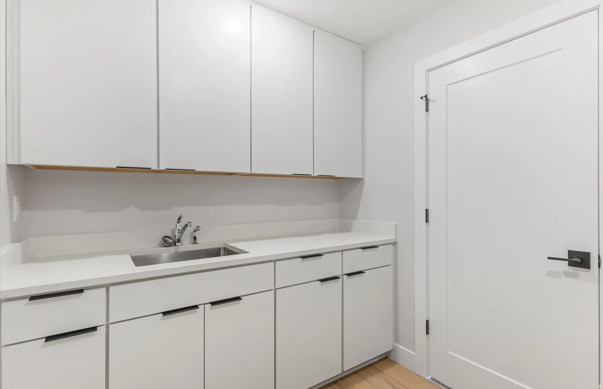 Light-toned wood-finish flooring with a white solid core door and black hardware