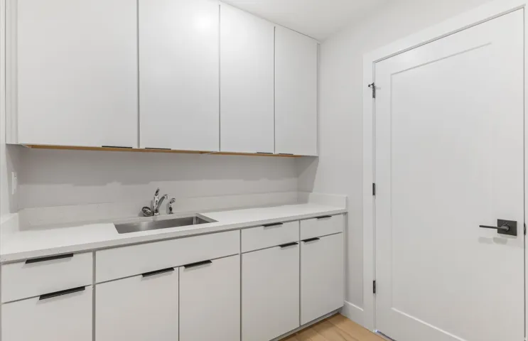 Light-toned wood-finish flooring with a white solid core door and black hardware