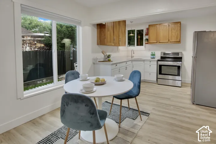 Well-appointed kitchen featuring light wood-finish flooring, white cabinetry, stainless steel appliances, and a large window