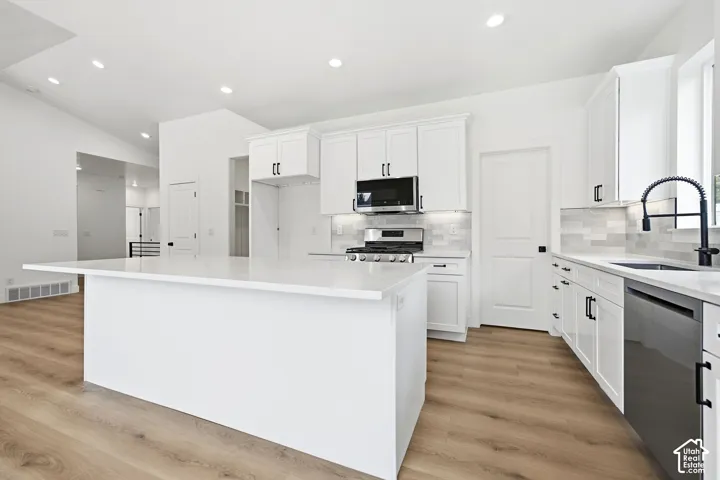 Spacious kitchen featuring white cabinetry, a large center island, stainless steel appliances, a tile backsplash, and wood-finish flooring