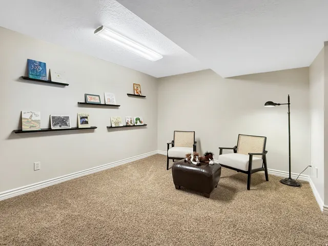 Wall-mounted display shelving, plush carpeting, high ceilings, and recessed lighting