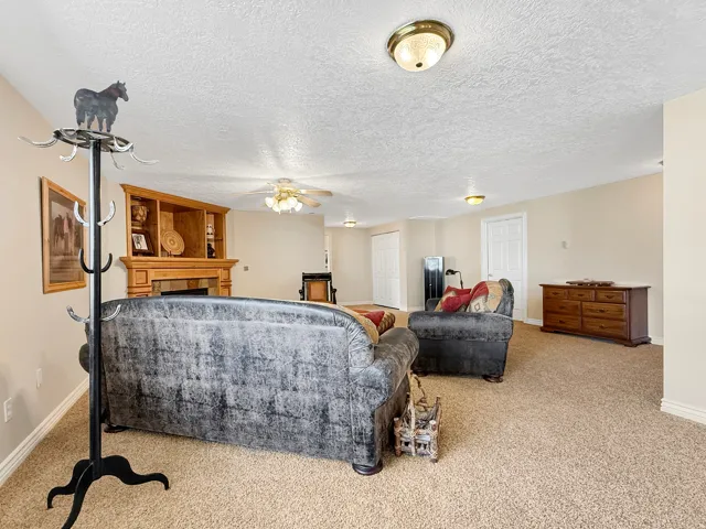 Recessed lighting, wood-finish mantel with integrated shelving, ceiling fan, carpet flooring, and white paneled doors