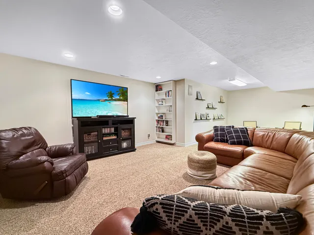 Recessed lighting, built-in shelving, wall-mounted display shelves, and carpeted flooring