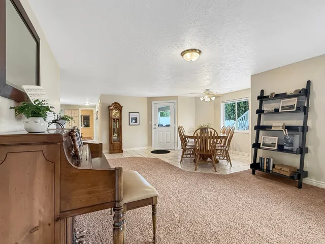 Carpeted flooring, tiled flooring, built-in shelving, white door with glass panel, and ceiling-mounted light fixture