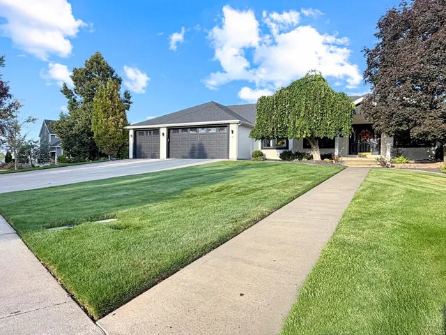 Contemporary exterior featuring a two-car garage, mature trees, and a concrete walkway