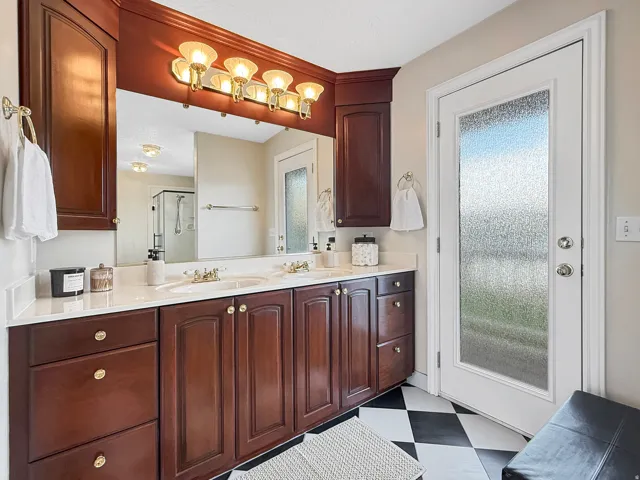 Dual basin vanity with solid surface countertop