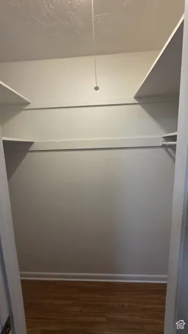 Built-in shelving with hanging rod, overhead lighting, and wood-finish flooring