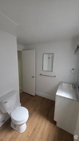 Wood-finish flooring, white vanity with integrated sink, rectangular mirror, and chrome fixtures