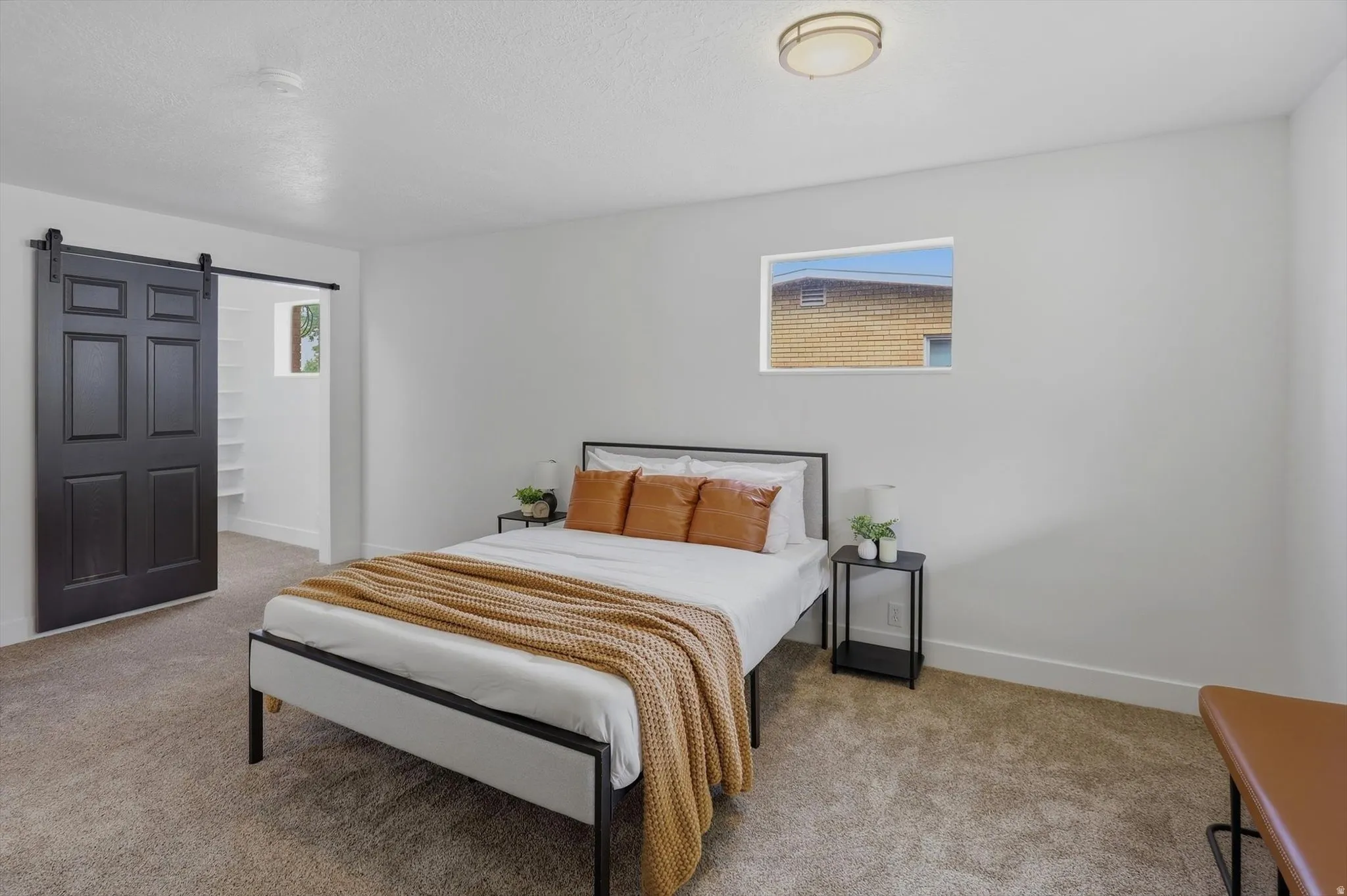 Neutral wall paint, plush carpet flooring, recessed window, flush-mount ceiling light fixture, and a dark paneled barn door