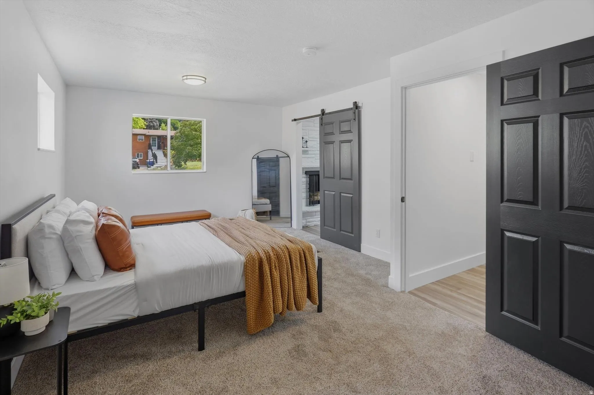 Plush carpet flooring, a large window, a ceiling-mounted light fixture, and a sliding barn-style door
