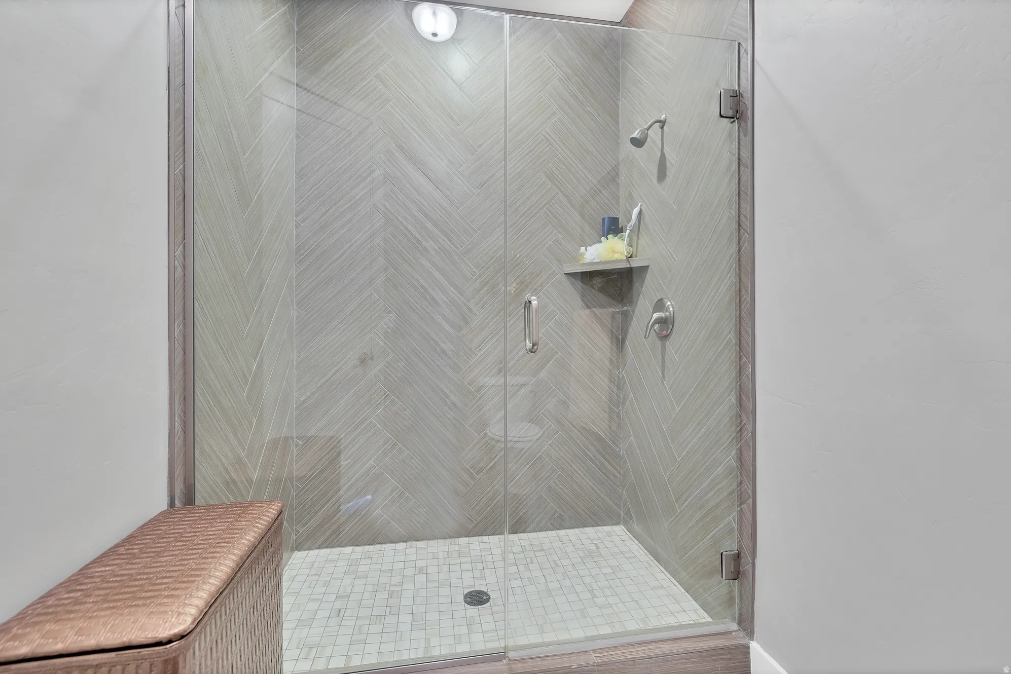 Frameless glass shower enclosure featuring a fixed showerhead, patterned wall tile, tiled flooring, and a built-in shelf