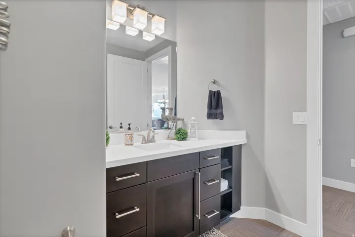 Vanity with an integrated sink, dark wood-finish cabinetry, and brushed nickel hardware