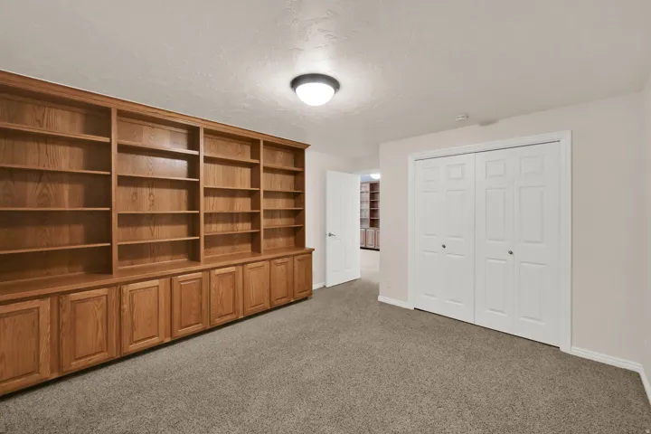 Built-in wood-finish shelving and cabinetry with multiple storage compartments