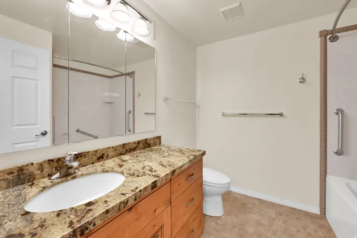 Vanity with granite-style countertop, integrated sink, and wood-finish cabinetry
