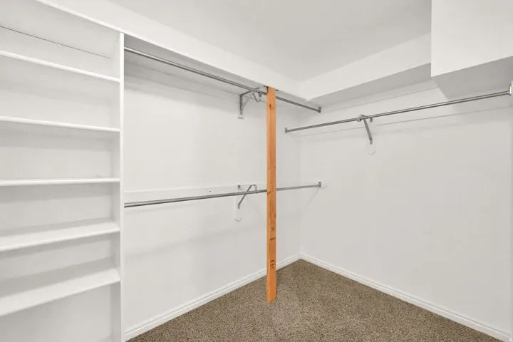 Built-in shelving, two levels of hanging rods, and carpeted flooring