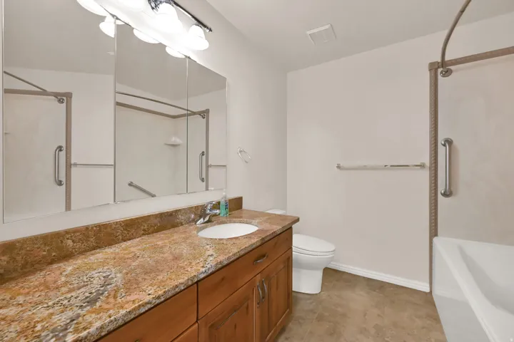 Vanity with a granite-style countertop, integrated sink, and wood-finish cabinetry