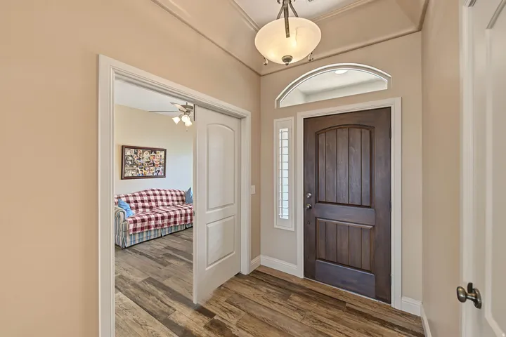 Arched transom window above a paneled wood entry door with a sidelight, wood-finish flooring, and a semi-flush mount ceiling fixture