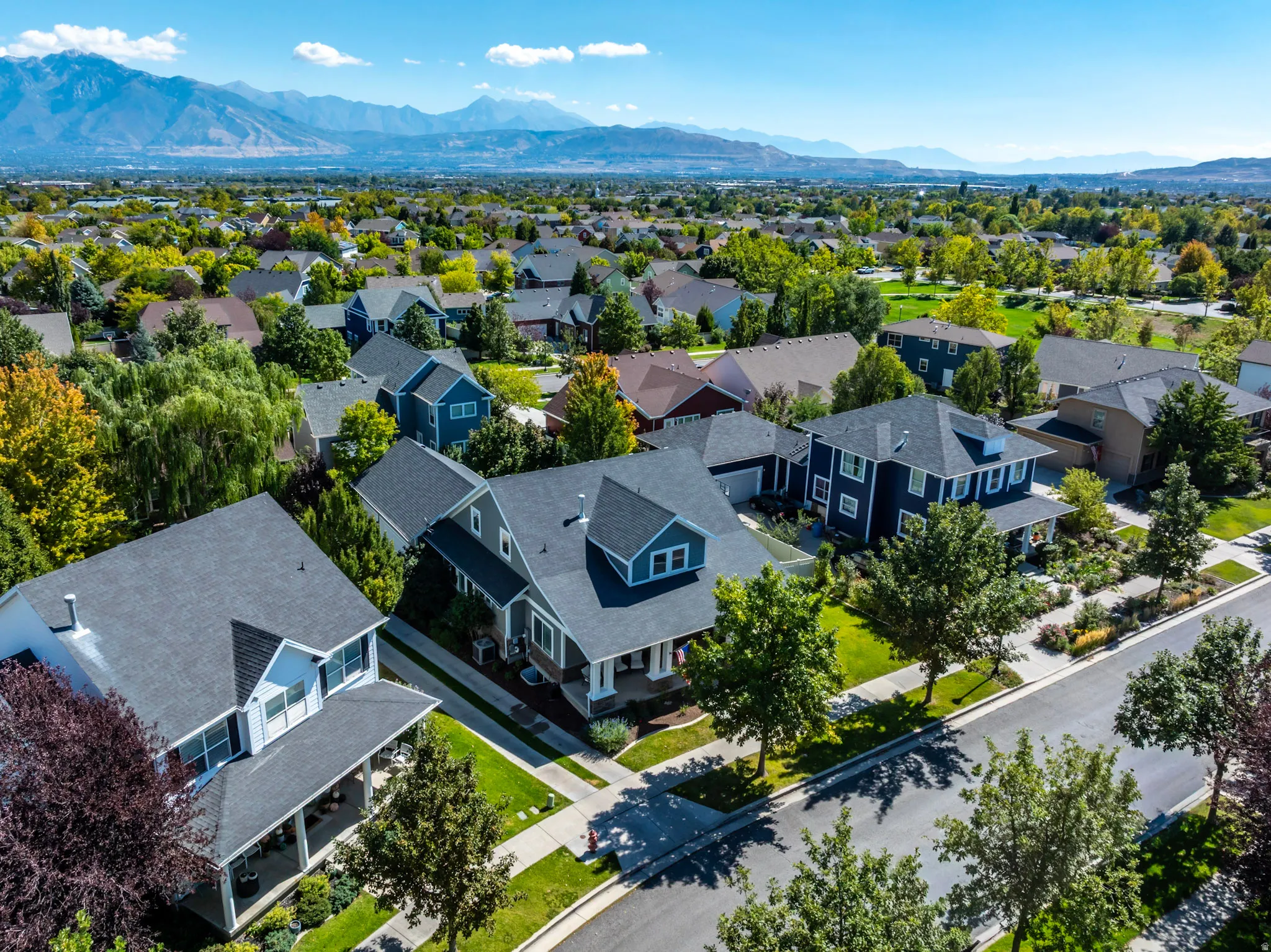 Aerial view of house, street