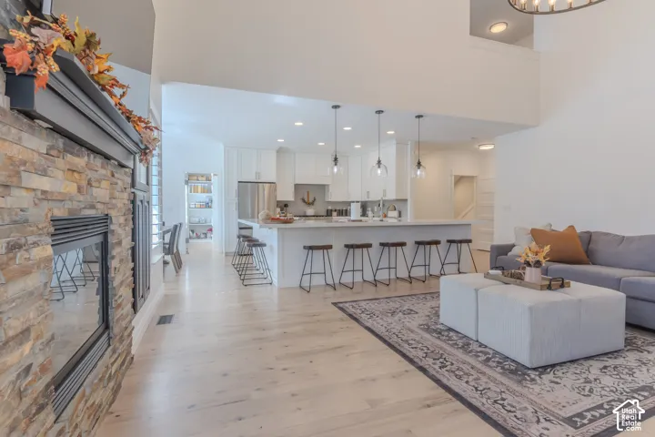 Stacked stone fireplace