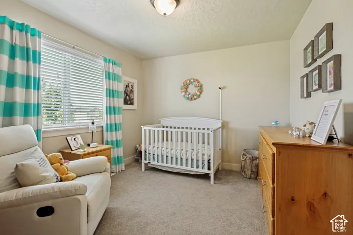 Bedroom. Neutral wall color, window with horizontal blinds, ceiling-mounted light fixture, and carpeted flooring