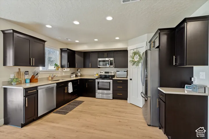 Kitchen featuring dark wood-finish cabinetry, light-toned countertops, stainless steel appliances, recessed lighting, and laminate flooring
