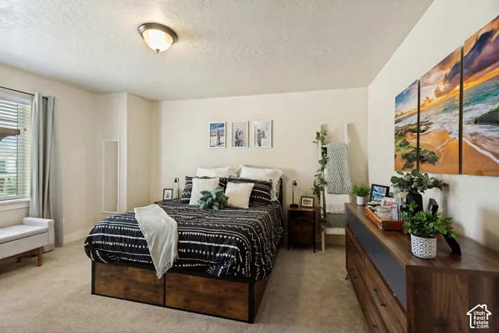 Master Bedroom. Window with blinds, wall-to-wall carpeting, and a ceiling light fixture