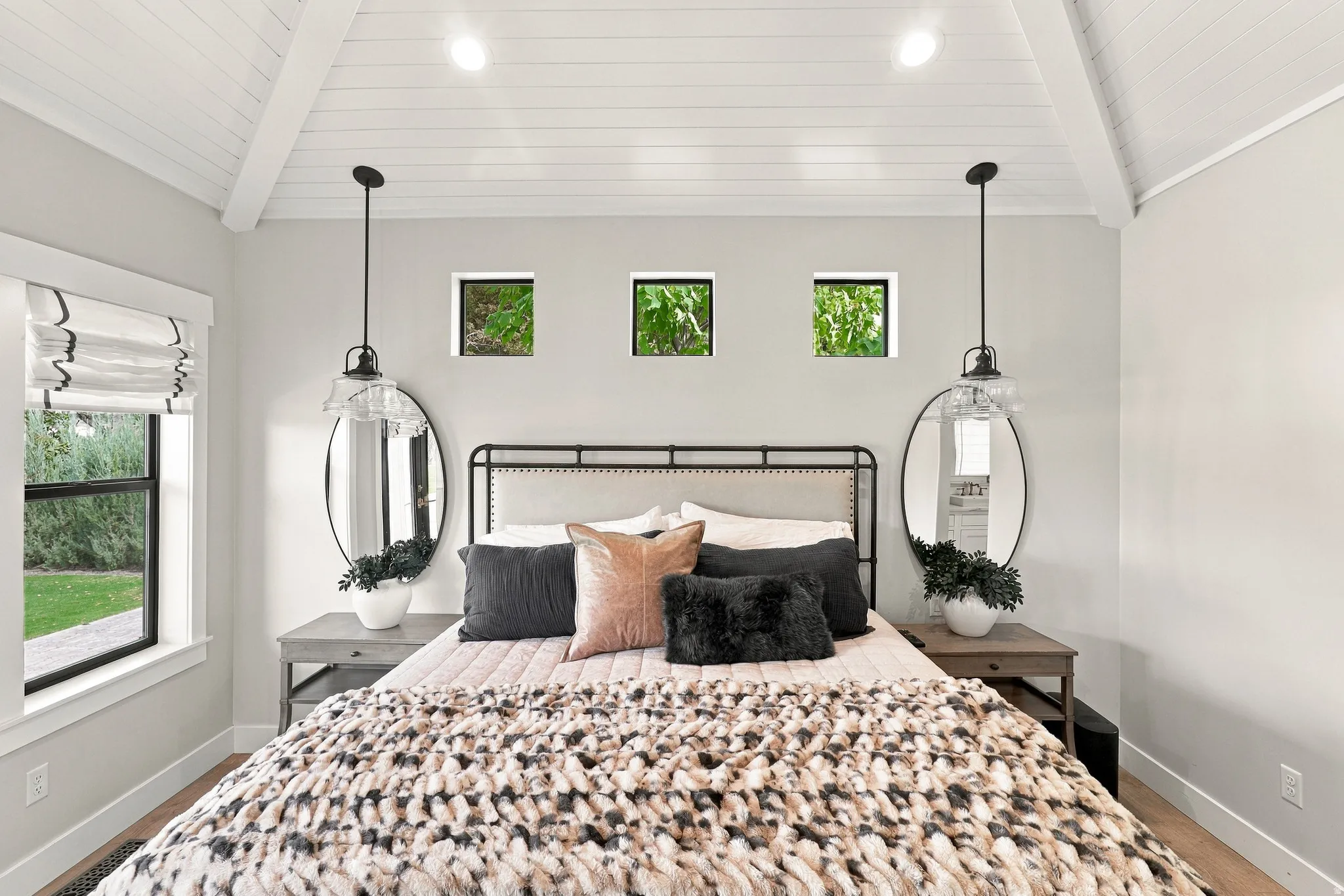 Vaulted plank ceiling, exposed beams, recessed lighting, and wood-finish flooring