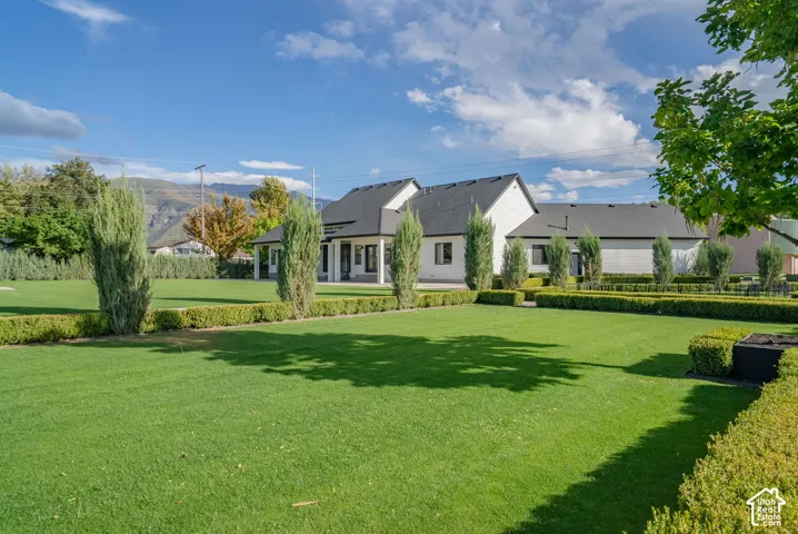 Expansive backyard featuring a manicured lawn, established privacy hedges, and mature trees