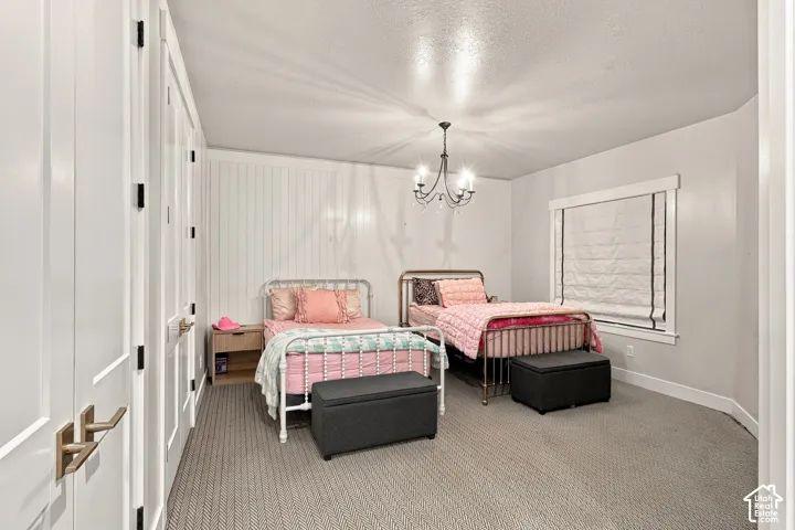 Recessed panel doors with matte black hardware, vertical shiplap accent wall, chandelier with crystal accents, window with white trim, and textured carpeting
