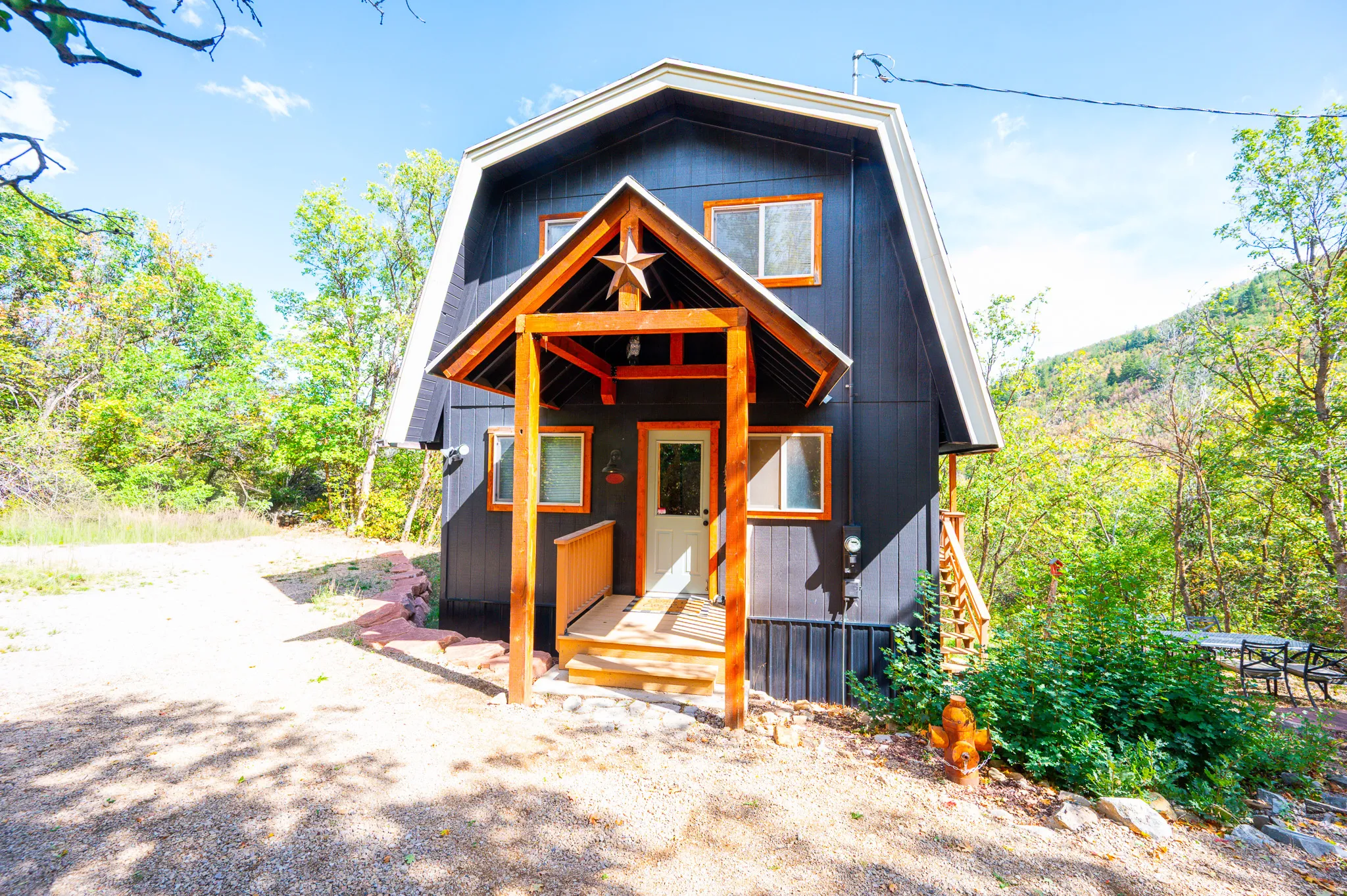 Gable roofline with dark vertical siding, wood-framed windows, and a covered porch