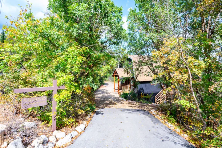 Paved driveway leading to a residence with a covered porch and exterior wood staircase, surrounded by mature trees