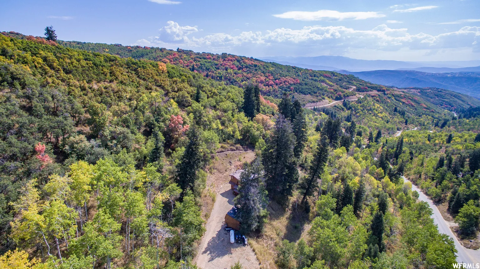 Mountainous terrain with natural tree coverage and a winding paved road