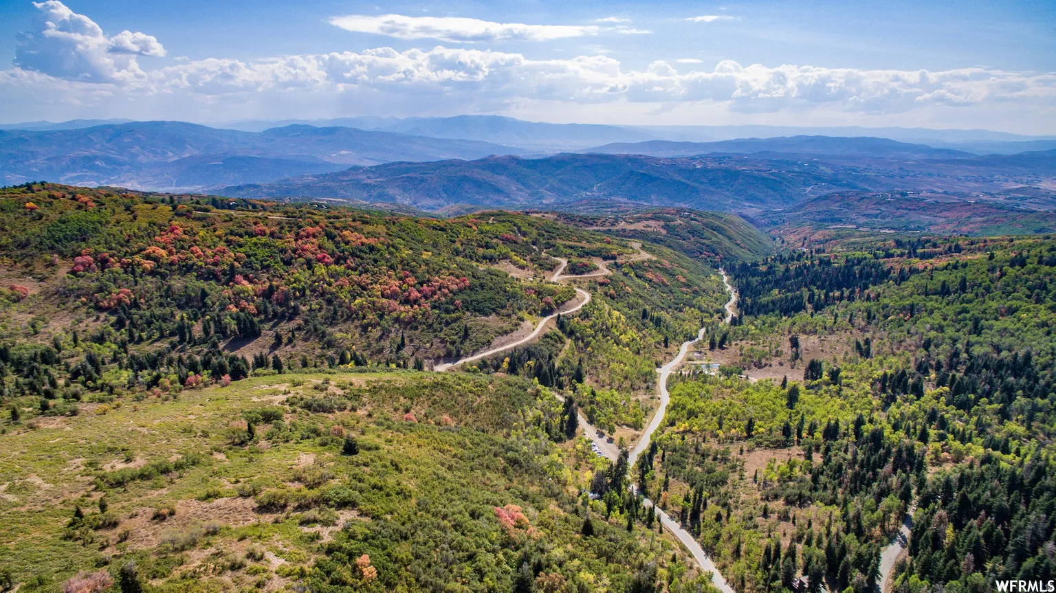 Expansive mountain landscape featuring varied tree cover, winding roadways, and distant mountain ranges