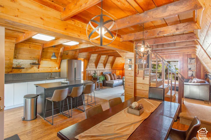 Wood-paneled ceilings with exposed beams, kitchen island with counter seating, built-in staircase, and modern spherical light fixtures