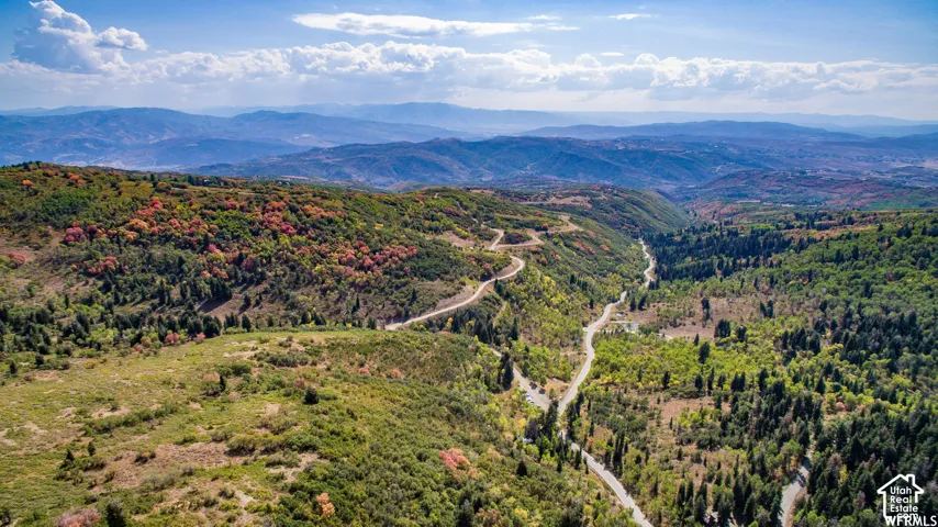 Expansive mountain landscape featuring varied tree cover, winding roadways, and distant mountain ranges
