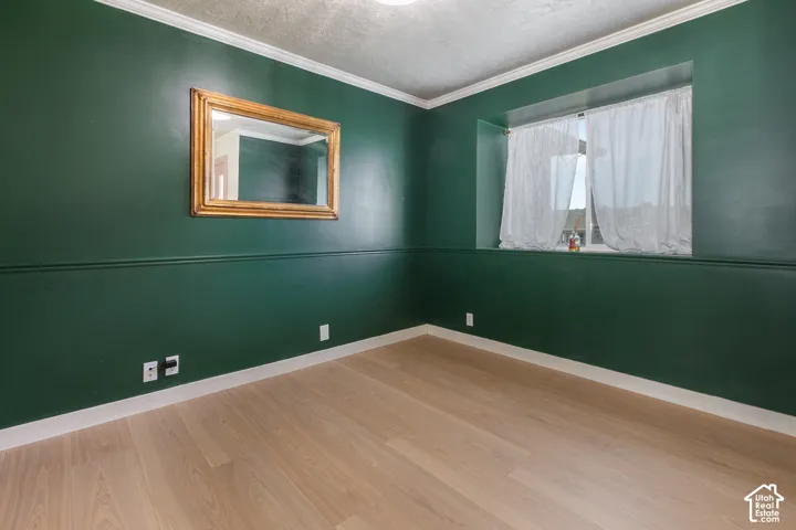 Hardwood-finish flooring, deep green wall finish, white crown molding, white baseboards, and a window with a recessed sill