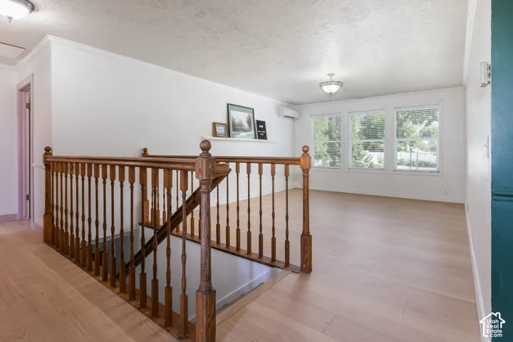 Light wood-finish flooring with white walls and crown molding