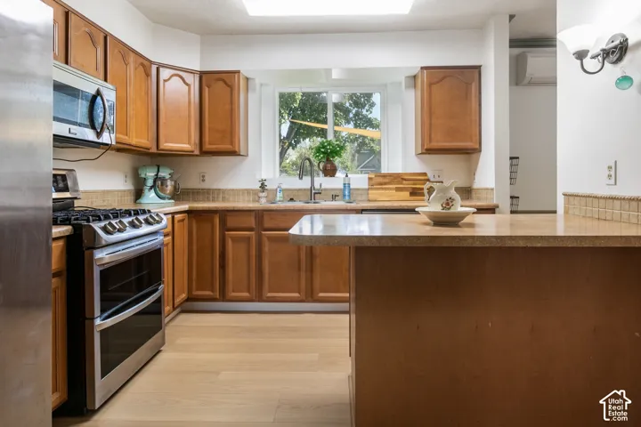 Kitchen featuring wood cabinetry, stainless steel appliances, a skylight, light wood-finish flooring, and a window above the sink