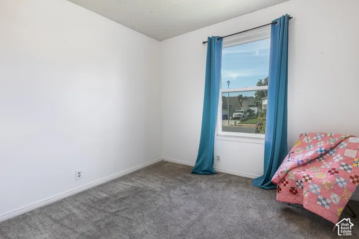 White painted walls, gray carpet flooring, and a single window with white trim