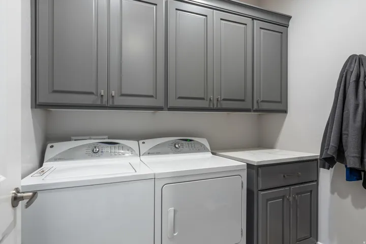 Built-in cabinetry with crown molding, integrated countertop, and matte silver hardware