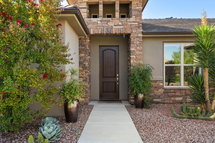 Stone veneer facade with an arched entryway and a dark wood-finish front door