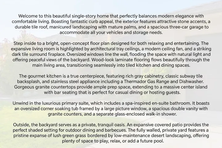 Property Description. Detailing features of the property's interior, exterior, and specific rooms