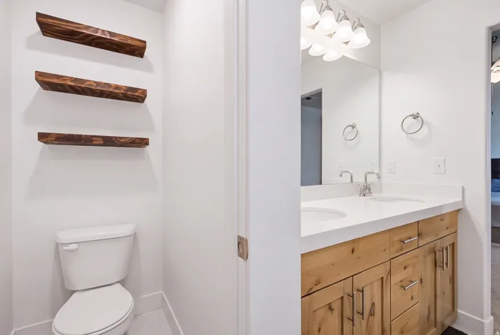 Dual vanity with undermount sinks, light-toned wood-finish cabinetry, and a large mirror